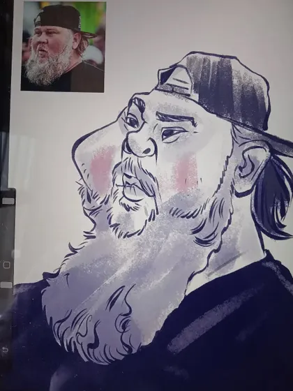 A digital caricature study with a focus on shading and volume, using a limited color palette for a stylized effect.