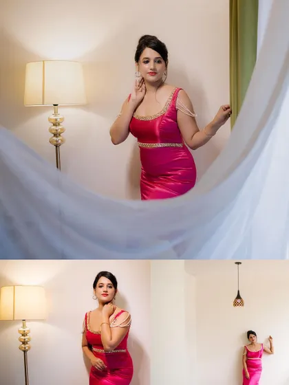 A collage of the bride-to-be in her pink gown, showing off details like the pearl shoulder straps and the elegant fit.