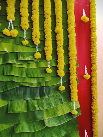 A closer look at the details of our banana leaf backdrop. The vibrant green of the leaves contrasts beautifully with the bright yellow marigold garlands, creating a fresh and festive look.