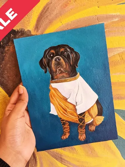 This Rottweiler is reimagined as a Roman emperor in this original painting. A regal and unique pet portrait available for sale.