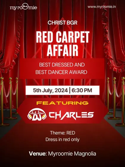 A duplicate of the 'Red Carpet Affair' flyer for the Christ University freshers' party.