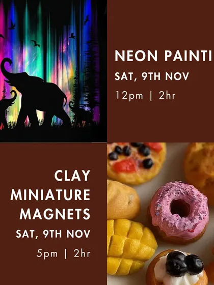 More November workshops, including 'Neon Painting' and a fun 'Clay Miniature Magnets' session.