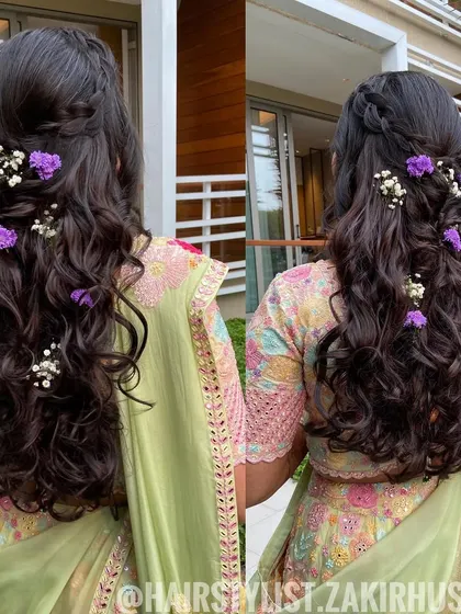 A collage showing the half-updo with purple flowers from different angles, perfect for a pastel-themed Mehendi.