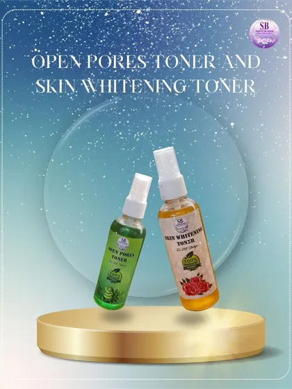 A product shot of my Open Pores Toner and Skin Whitening Toner. The Open Pores Toner is specially formulated with ingredients to minimize the appearance of pores and refine skin texture.