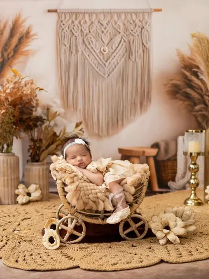 This bohemian-themed setup uses natural textures and earthy tones for a warm and artistic portrait. The scene is carefully styled with macrame, pampas grass, and woven baskets to create a serene and beautiful environment for the baby.
