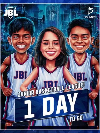The final countdown is on. This graphic announces one day to go for the Junior Basketball League, building excitement for the tip-off.