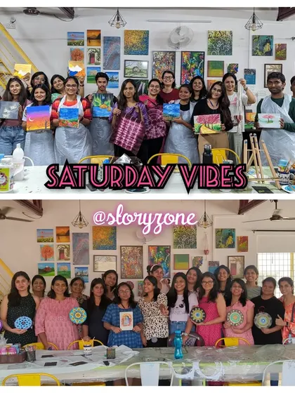 A collage capturing the vibrant and happy atmosphere of our Saturday workshops, with groups proudly showing their finished art.