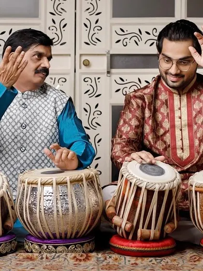 A playful moment captured with my appa during a photoshoot. Our connection goes beyond father and son, he is my guru, and our shared language is the rhythm of the tabla.