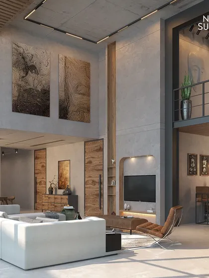 Another angle of the open-plan living area, showing the seamless transition from the lounge to the dining space and the bar. The consistent use of materials creates a harmonious and unified feel.