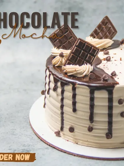 A coffee lover's dream, our Chocolate Mocha cake combines rich chocolate with aromatic coffee. It's topped with mocha cream swirls and dark chocolate pieces.
