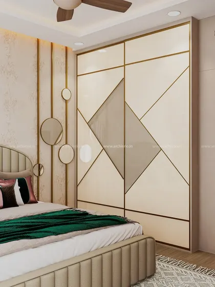 A modern sliding wardrobe with a geometric pattern on the doors, adding a touch of artistic flair to the bedroom.