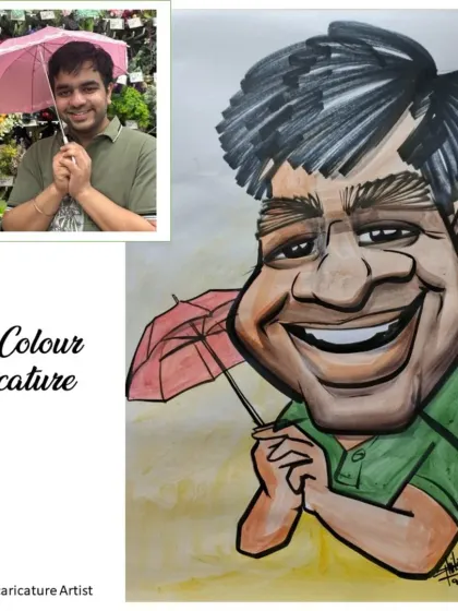 This client sent a fun photo with a pink umbrella, and I incorporated it into his colorful caricature.