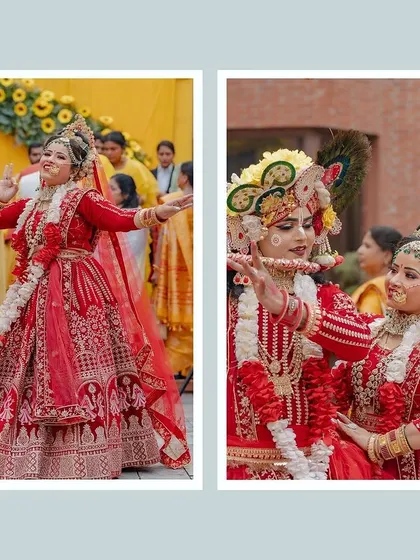 A two-panel shot highlighting the expressive Radha-Krishna performance during a haldi ceremony. The dancers' traditional attire and graceful poses add a divine touch to the celebration.