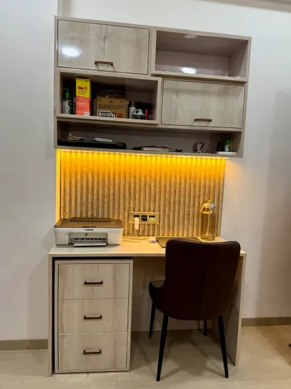 Another view of the study table, showing the three-drawer pedestal and the spacious desktop, perfect for a home office or a student's room.