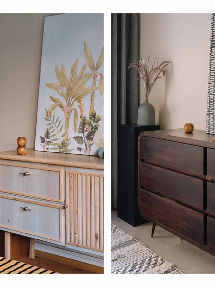 A tale of two sideboards. On the left, a dreamy pastel blue piece with cane and fluted details. On the right, a classic chest of drawers in solid dark wood. Both are custom pieces that showcase different material treatments and design aesthetics.