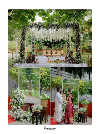 A collage showcasing the beautiful garden mandap and a welcome sign, along with a portrait of the couple, tying the decor to their story.
