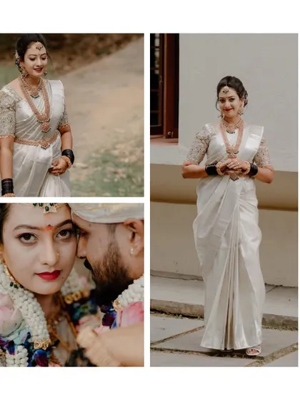 A three-panel collage featuring a bride in her elegant white wedding saree, capturing both posed portraits and a candid moment with her partner.