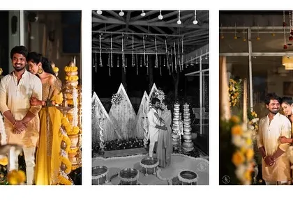 A triptych showing the couple's portraits from their Haldi ceremony, mixing color and black and white for an artistic touch.