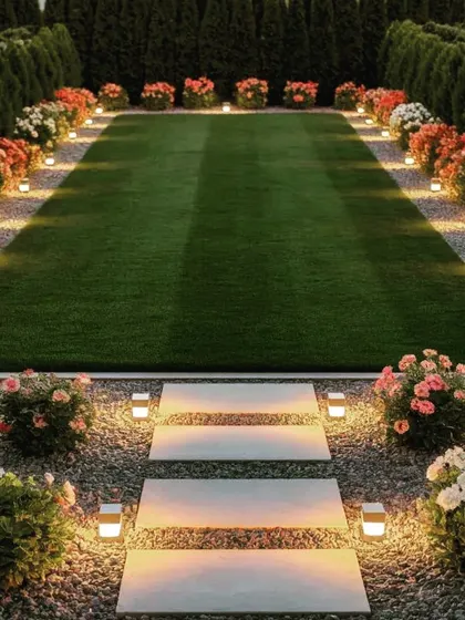 A formal lawn path at night, beautifully lit with small, modern lamps. The path, made of gravel and stone pavers, is lined with blooming flowers, creating a magical walkway.