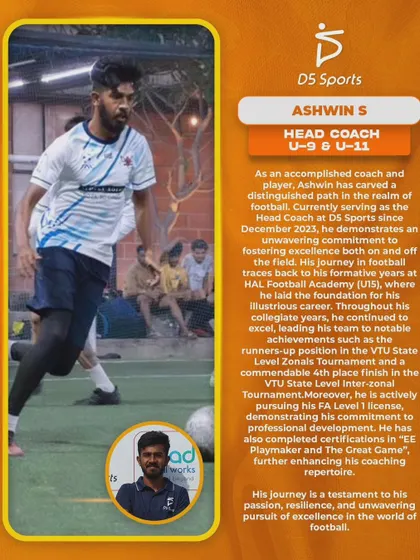 A profile of Ashwin S, our Head Coach for U-9 & U-11, showcasing his journey as a player and his commitment to professional development.