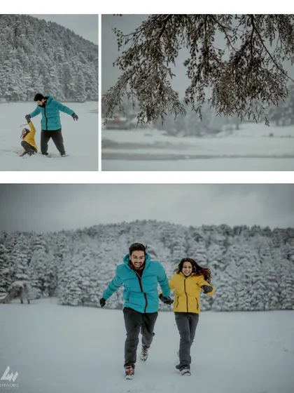 A collage from the Khajjiar shoot, showing the couple running through the snow and details of the wintery landscape.