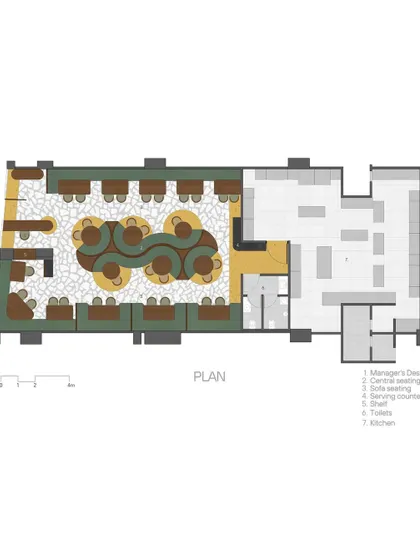 **Eat Punjab, Gandhinagar:** The floor plan for the Gandhinagar branch illustrates how we used a central, serpentine seating arrangement to guide flow and create dynamic spaces. This layout offers a mix of seating types to cater to different group sizes and dining experiences.
