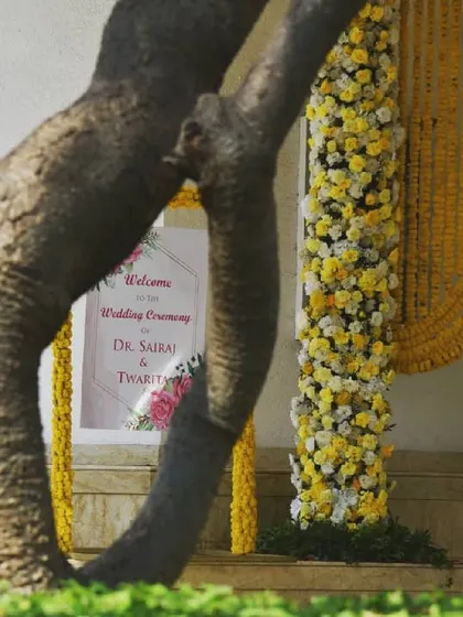 A welcome sign for a wedding ceremony, peeking from behind a tree, with a beautiful marigold-decorated entrance in the background.