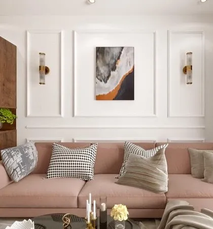 The initial 3D render for the living room, which established the playful yet sophisticated design direction with the muted pink sofa and classic wall details.