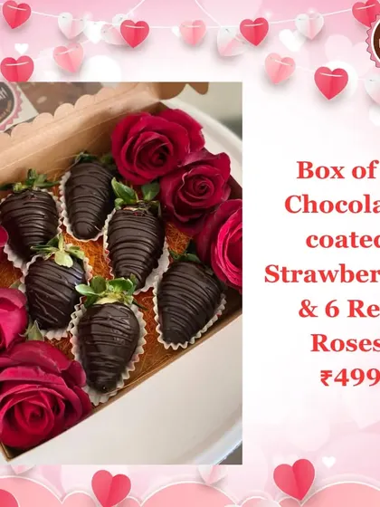 For Valentine's Day, I create romantic gifts like this box of six hand-dipped chocolate-coated strawberries paired with six beautiful red roses. It's the perfect combination of elegance and indulgence.
