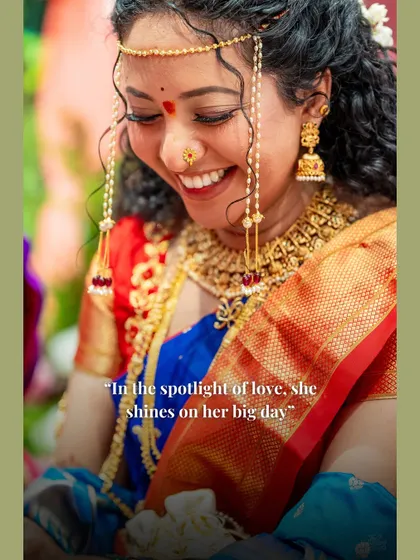 A close-up of the bride's radiant smile, with the caption "In the spotlight of love, she shines on her big day." A perfect capture of her wedding day glow.