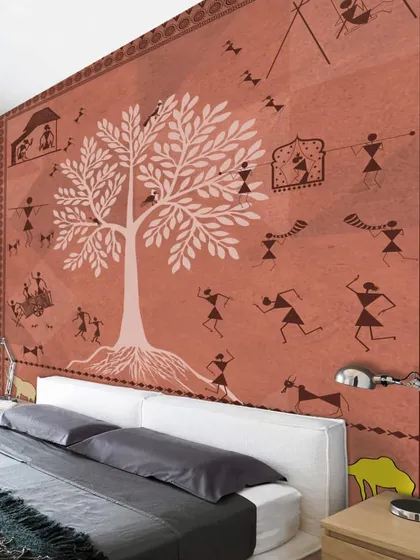 Our Traditional Indian Warli Life wallpaper creates a captivating narrative in this bedroom. The simple yet expressive art form tells a story of community and tradition.