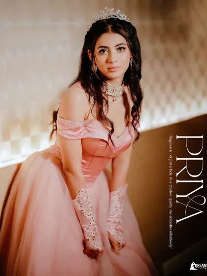 A portrait of bride Priya, her elegance and princess-like gown captured in a beautifully composed shot.