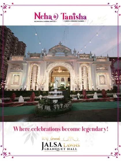 This is where celebrations become legendary. The stunning facade of Raj Grand Jalsa, complete with a beautiful fountain and elegant lighting, creates a palatial atmosphere perfect for a luxury wedding.