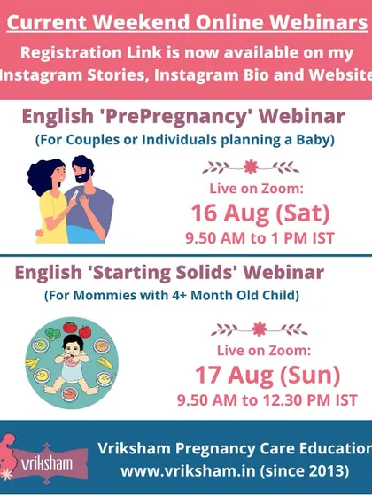 I offer a wide range of classes, including 'Starting Solids' for moms with babies over 4 months old, alongside my popular Pre-Pregnancy webinar.