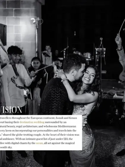 The vision for this destination wedding was a serene, spiritual ambiance. With an intimate guest list, the wedding came alive with digital chants by the ocean, all set against a moonlit sky.