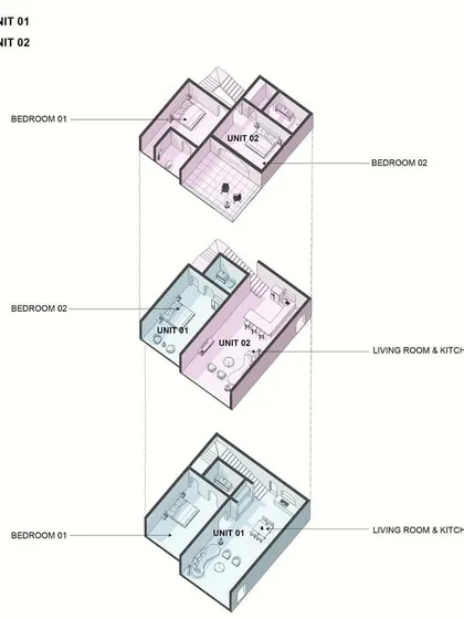 This exploded axonometric view shows the interlocking floor plans of Arte Apartments. Each unit is designed for a diverse experience, with living spaces and bedrooms distributed across levels to maximize both privacy and connection to shared amenities like gardens and pools.