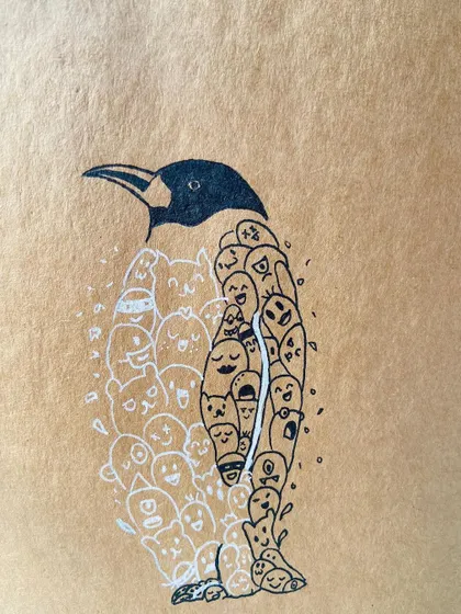 This penguin doodle is a great example of my detailed illustration style. The penguin's body is filled with dozens of tiny, expressive doodle faces, blending my love for simple characters with a more complex composition.
