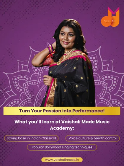 Turn your passion into a powerful performance. This graphic summarizes what you will learn at my academy: a strong base in Indian classical music, voice culture and breath control, and popular Bollywood singing techniques.