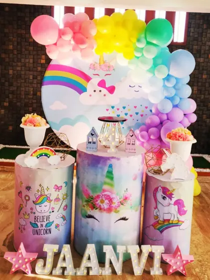 A dreamy unicorn and rainbow theme for Jaanvi. The pastel color palette, cloud accents, and watercolor-style unicorn illustrations create a soft and magical atmosphere.