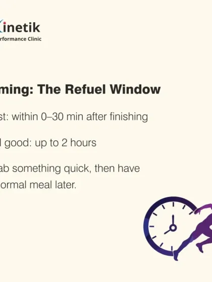 The "refuel window" is most effective within 30 minutes after finishing your run. I advise having a quick snack then, followed by a normal meal within two hours.