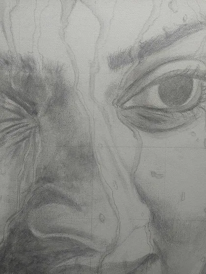 The initial grid sketch for the 'Drip' portrait. This architectural approach helps me ensure all proportions and features are accurate before I commit to oil paint.