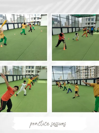 Practice makes perfect. This collage from our rooftop turf facility shows young players engaged in various drills, including batting and catching, to level up their game one session at a time.