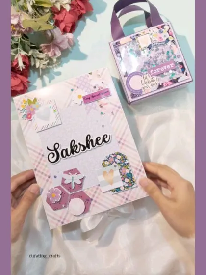 A personalized scrapbook for "Sakshee" alongside a mini scrapbook bag. This shows how I can create a main gift with a smaller, matching keepsake.