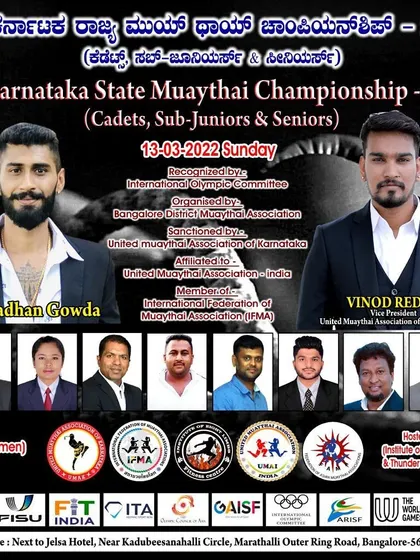 The official poster for the 1st Karnataka State Muaythai Championship, an event we proudly hosted. My involvement shows our commitment to growing the sport in the region.
