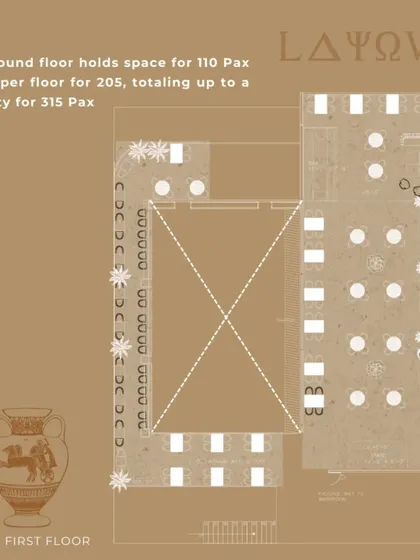 The first-floor layout for Skyro, designed to hold 205 guests. The plan showcases the different seating zones and the flow of the space, which is designed to transport guests into a mythical jungle.