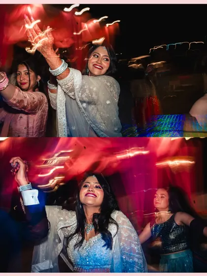 A collage of guests dancing with abandon at the reception, captured with creative motion blur to convey the energy of the night.