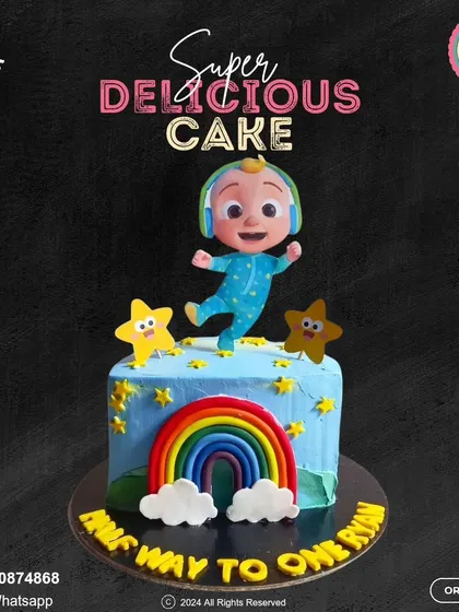 Celebrate being halfway to one with this cheerful Cocomelon cake. JJ dances under a rainbow, surrounded by stars, making this a bright and happy cake for a six-month milestone.