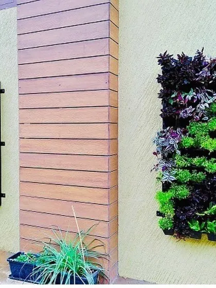 Vertical gardens can be used as modular art pieces. Here, we installed two separate green wall panels on either side of a wooden column, framing the architectural feature with living art.