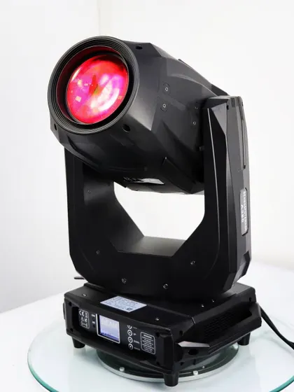 The 380W moving head in red. The high-quality optics ensure a bright, even field of light, which is crucial for professional event lighting.