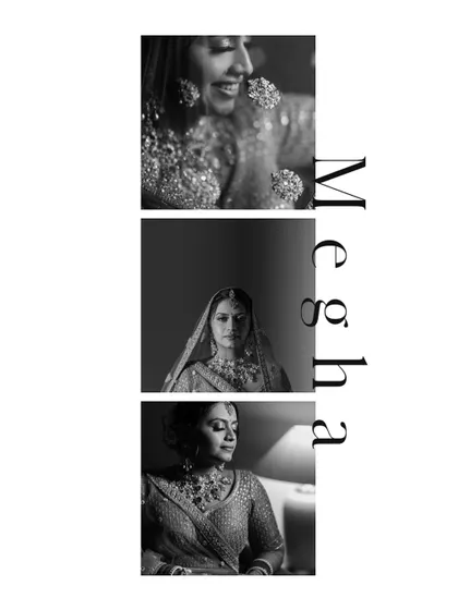 A black and white collage of the bride, capturing different facets of her personality and look on the wedding day. It's a modern take on the classic bridal portrait.